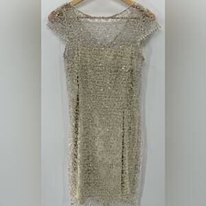 Cachet Delicate Elegant Sequin Lace Overlay Dress Champagne Size 6 Knee Length